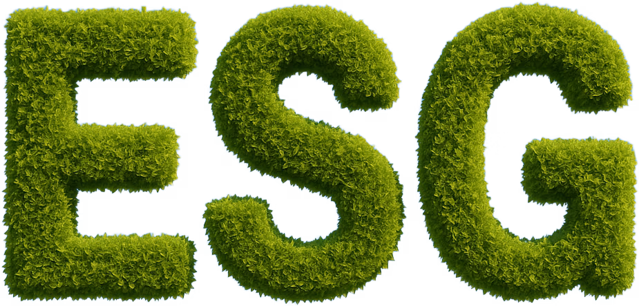 "Green foliage shapes the letters 'ESG' against a clear blue sky, symbolizing environmental sustainability. The tone is fresh and eco-friendly."