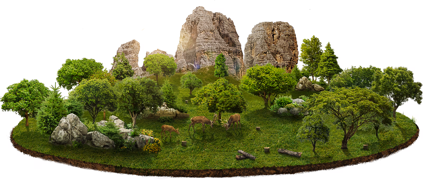 A 3D rendering of a small island featuring lush trees and scattered rocks against a blue ocean backdrop.